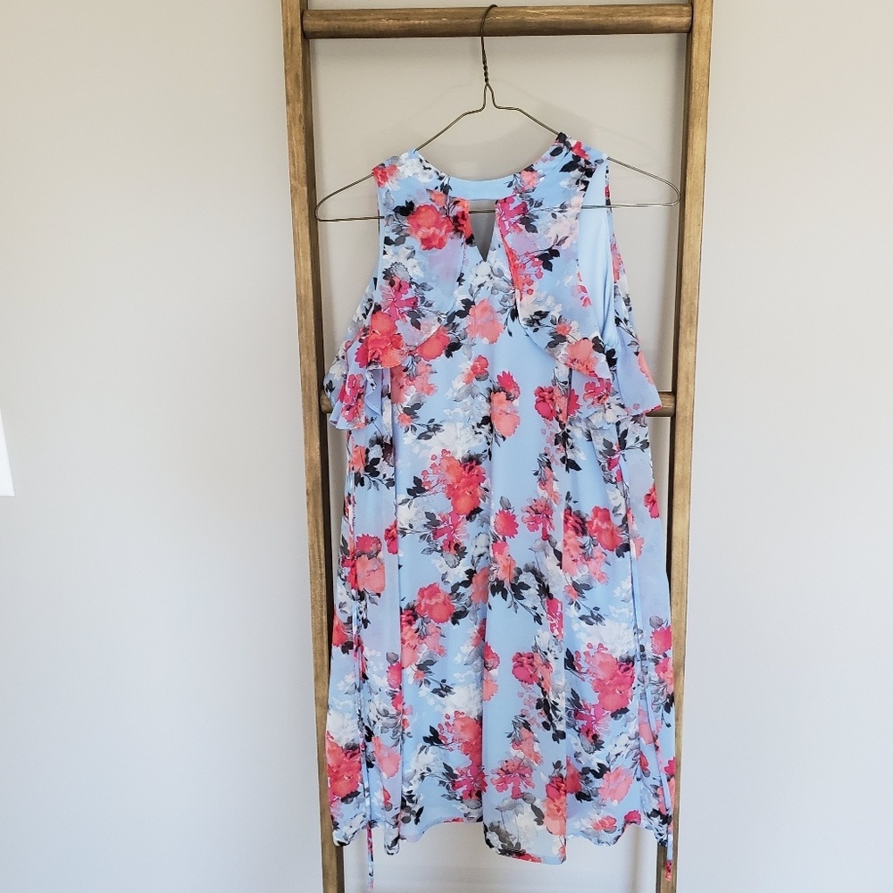 Baby blue floral high necked dress with tie.